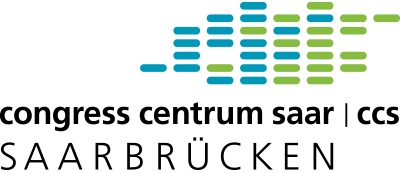 Logo des Congress Centrum Saar (CCS) Saarbrücken, mit einem Muster aus blauen und grünen Querbalken über dem Text "congress centrum saar | ccs SAARBRÜCKEN" auf hellem Hintergrund.