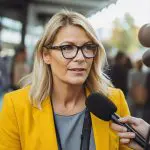 Eine Frau mit blondem Haar und Brille, die einen gelben Blazer trägt, wird im Freien interviewt. Zwei Mikrofone sind auf sie gerichtet, während sie spricht, und im Hintergrund ist eine verschwommene Menschenmenge zu sehen.
