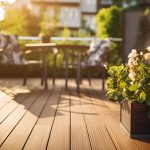 Sonnenbeschienene Terrasse mit Holzbelag, einer blühenden Topfpflanze im Vordergrund und unscharfen Stühlen und einem Tisch im Hintergrund, umgeben von Grün und sanft beleuchteten Gebäuden.