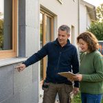 Ein Mann in Arbeitskleidung zeigt auf die isolierte Außenwand eines Hauses, während eine Frau mit einem Klemmbrett neben ihm steht. Beide schauen auf die Wand und unterhalten sich möglicherweise über Renovierungs- oder Isolierungsarbeiten.