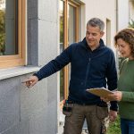 Ein Mann in Arbeitskleidung zeigt auf die Außenwand eines Hauses, während eine Frau mit einem Klemmbrett zuschaut. Sie scheinen sich über die Isolierung oder den Bau eines Hauses zu unterhalten.