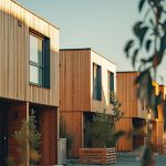Moderne Stadthäuser aus Holz mit großen Fenstern, umgeben von kleinen Bäumen und Pflanzen, in warmem Sonnenlicht. Der architektonische Stil ist minimalistisch und zeitgenössisch.