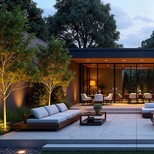 Moderne Außenterrasse in der Abenddämmerung mit gepolsterten Sitzgelegenheiten, Couchtischen, Topfpflanzen und Bäumen mit warmer Beleuchtung. Große Glastüren geben den Blick frei auf einen stilvoll eingerichteten Essbereich im Inneren des Hauses.