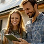 Ein lächelnder Mann und eine lächelnde Frau stehen im Freien und schauen gemeinsam auf ein Tablet. Die Frau hält einen Stift in der Hand, und beide wirken glücklich und beschäftigt, während das Sonnenlicht ihre Gesichter erhellt.