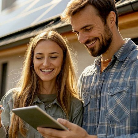 Ein lächelnder Mann und eine lächelnde Frau stehen im Freien und schauen gemeinsam auf ein Tablet. Die Frau hält einen Stift in der Hand, und beide wirken glücklich und beschäftigt, während das Sonnenlicht ihre Gesichter erhellt.