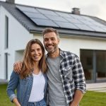 Ein lächelndes Paar steht an einem sonnigen Tag vor seinem modernen Haus mit Sonnenkollektoren auf dem Dach, umarmt sich und schaut in die Kamera.